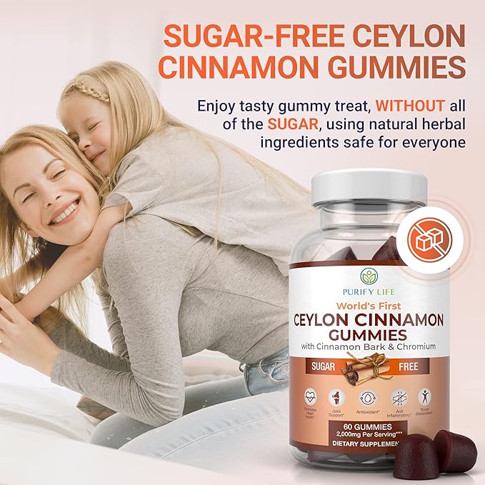 Purify Life Sugar-Free Ceylon Cinnamon Gummies (2,000mg/Serving) Ceylon Cinnamon Supplement for Brain Health, Vegan, Gluten-Free, Replace Ceylon Cinnamon Capsules, Pills, Powder, Extract (60 Chews)-SeraviaPure