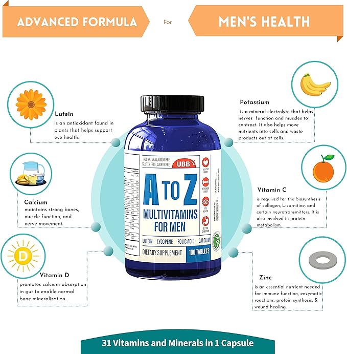 A to Z Multivitamin and Multimineral Supplement for Men - 3 Month Supply - Vitamins A C D E K B1 B2 B6 B12 Magnesium Calcium Biotin Potassium Zinc - Antioxidants for Heart & Immune Health (100 Count)-SeraviaPure