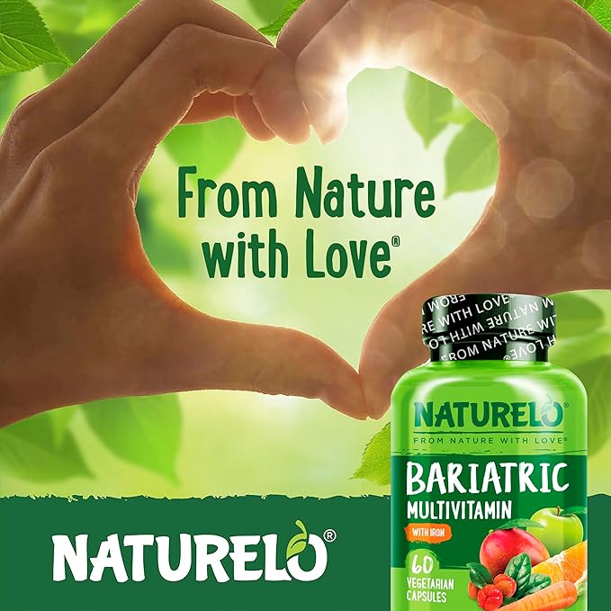 NATURELO Bariatric Multivitamin - One Daily with Iron - Supplement for Post Gastric Bypass Surgery Patients - Natural Whole Food Nutrition - 60 Veggie Capsules-SeraviaPure