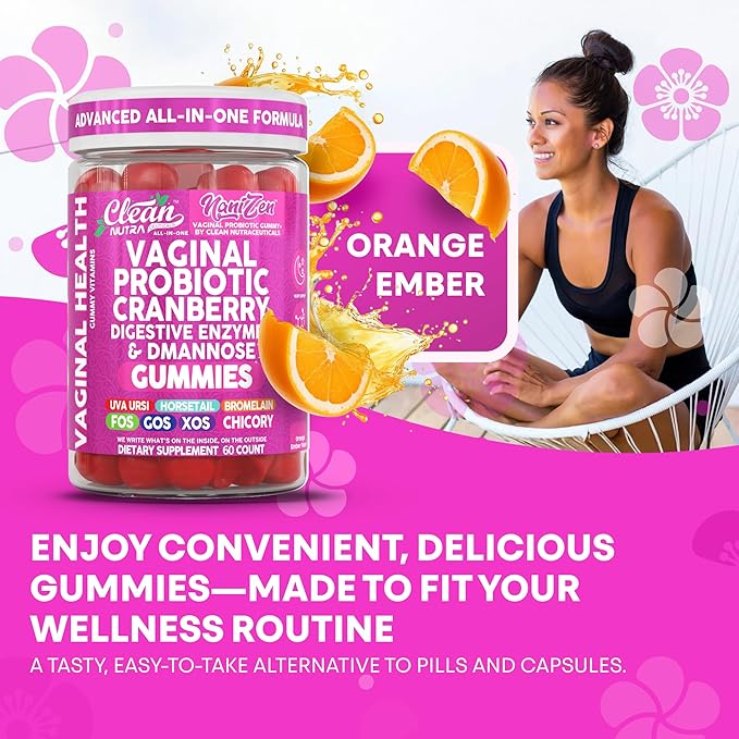 Clean Nutra Vaginal Probiotic Gummies for Women Cranberry Digestive Enzymes D Mannose Womens Probiotic Dmannose Horsetail Bromelain Chicory Fiber Feminine Care Prebiotics Inulin Papaya Enzyme Gummy