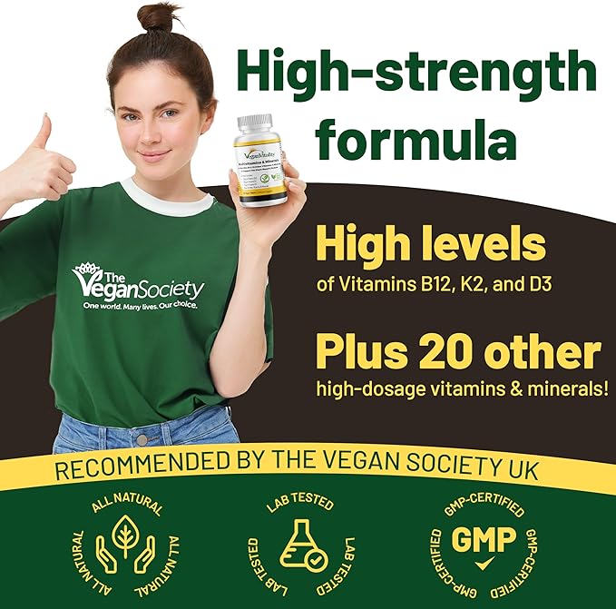 Vegan Multivitamins & Minerals for Women and Men with High Strength Vitamin B12, D3 & K2. 180 Multivitamin Tablets - 6 Months Supply. Vitamins for Vegans & Vegetarians-SeraviaPure
