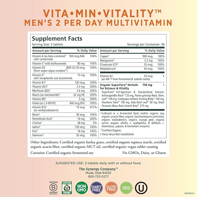 PURE SYNERGY Vita·Min·Vitality | Natural Multivitamin for Men | Men’s Daily Multivitamin Made with Organic Whole Foods | for Energy, Stress, and Immune Support (60 Tablets)-SeraviaPure