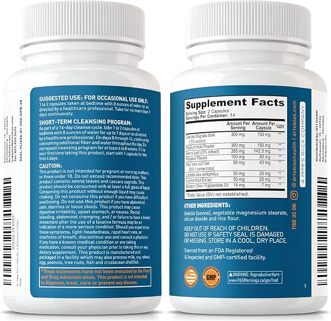 Dr. Tobias Colon 14 Day Cleanse, Advanced Gut Cleanse Detox for Women & Men with Cascara Sagrada, Psyllium Husk, Senna Leaf & Probiotics, Non-GMO Colon Cleanse, 28 Capsules 1-2 Daily-SeraviaPure