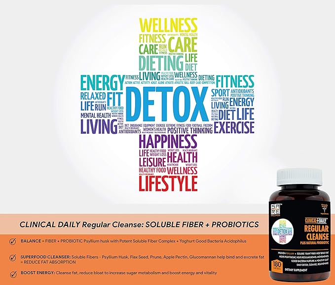 Clinical Daily Regular Cleanse Plus Natural Probiotic - Colon Cleanse & Gut Detox Supplement - Assists with Energy and Constipation Relief - Herbal Dietary Fiber Psyllium Husk Capsules - 180 Count-SeraviaPure