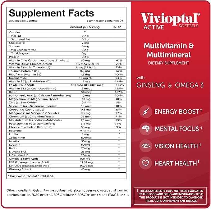 Vivioptal Active, 90 Softgels, Ginseng & Omega 3, Multivitamin & Multimineral, Gluten Free, German Formula-SeraviaPure