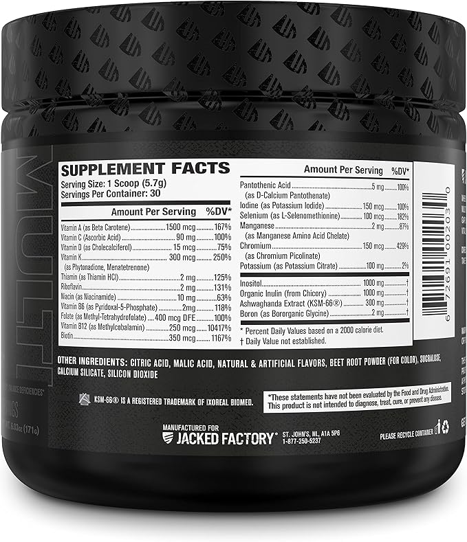 Jacked Factory Vita XT Performance Vitamin Powder - Daily Multivitamin Powder for Men with KSM-66 Ashwagandha, Prebiotic Fiber, Vitamin A, C, D, K, B6, B12, & More - Fruit Punch, 30Sv-SeraviaPure
