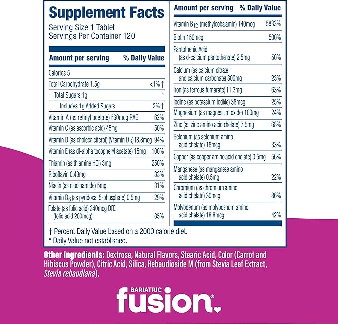 Bariatric Fusion Mixed Berry Complete Chewable Bariatric Multivitamin with Iron for Bariatric Surgery Patients Including Gastric Bypass and Sleeve Gastrectomy - 120 Tablets-SeraviaPure
