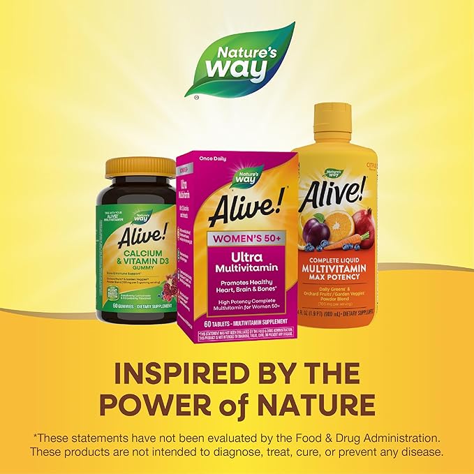 Nature’s Way Alive! Women’s 50+ Ultra Potency Complete Multivitamin, High Potency Formula, Promotes Healthy Heart, Brain, Bones*, with Methylated B12, Gluten-Free, 60 Tablets (Packaging May Vary)-SeraviaPure