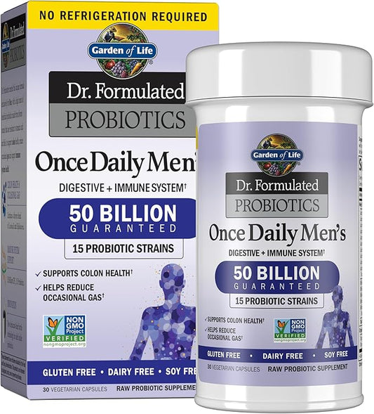 Garden of Life Probiotics for Men Dr Formulated 50 Billion CFU 15 Probiotics for Digestive Health + Organic Prebiotic Fiber for Colon & Immune Support, Daily Gas Relief, Shelf Stable, 30 Capsules-SeraviaPure