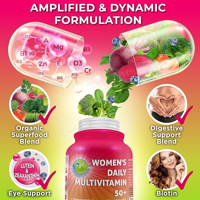 Women's Daily Multivitamin 50 plus - Vegan Multivitamin for Women 50 and over with Biotin, Organic Superfoods, B-Complex, Lutein for Optimal Health, Energy, Gut & Eye Support, Easy to Swallow Capsules-SeraviaPure