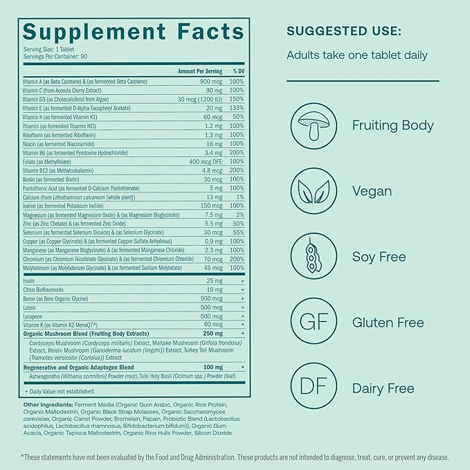 True Grace One Daily Men’s Multivitamin Fermented Minerals, Organic Adaptogens & Mushrooms Whole Body Balance Immune, Endurance, Bone & Heart Support - Non-GMO, Gluten Free - 90 Vegan Tablets-SeraviaPure