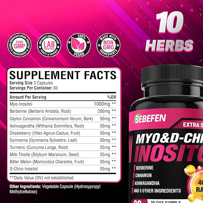 Inositol Supplement - Myo-Inositol and D-Chiro Inositol Ideal 40:1 Ratio - Plus Berberine, Cinnamon, Ashwagandha + 5 More - 90 Capsules