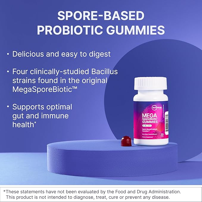 Microbiome Labs Spore Based Probiotic Gummies for Women, Men & Children - MegaSporeBiotic Gummies - 4 Bacillus Probiotics for Digestive Health & Microbiome Support - Berry Flavor (60 Gummies)