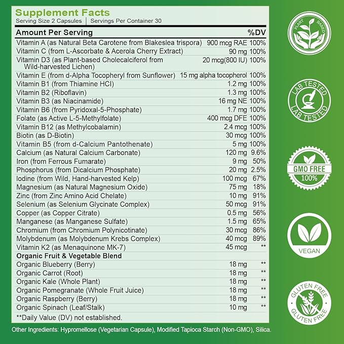 Multivitamin for Women 50 and Over, Whole Food Multivitamins Minerals Organic Extracts Women's 50+ Multivitamin for Energy Support, Nourish Hair, Skin, Nails Health, 60 Capsules-SeraviaPure