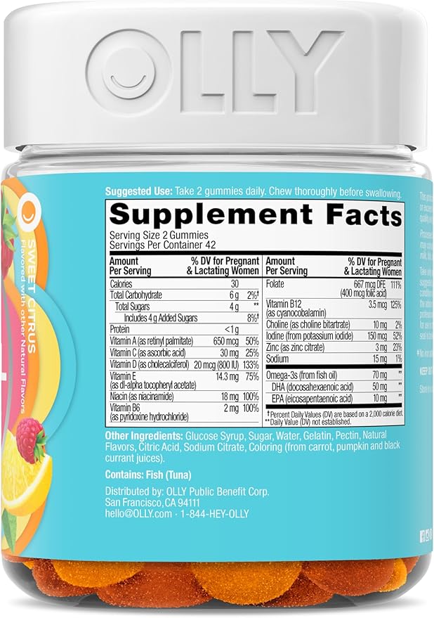 OLLY Essential Prenatal Gummy Multivitamin, Folic Acid, Vitamin D, Omega 3 DHA, Supports Healthy Growth and Brain Development, Citrus Berry - 84 Count-SeraviaPure