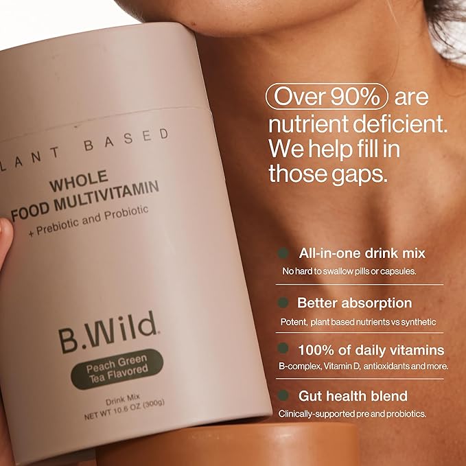 B.WILD Plant-Based Multivitamin Drink Mix – Bold Fruit Punch Flavor with Prebiotics, Probiotics & Adaptogens for Gut Health & Stress Support – 30 Servings – Vegan, Gluten-Free-SeraviaPure
