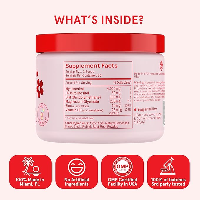 Inositol Powder Multivitamin, Pink Lemonade Flavor – 4g Myo-Inositol & D-Chiro Inositol, DIM, Zinc, Magnesium Glycinate, Vitamin D3 – Supports Women’s Health, Cycle, Energy, 30 SVG-SeraviaPure