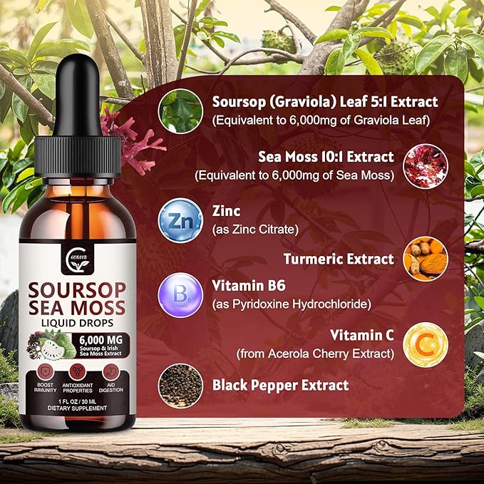(2 Pack) Soursop Graviola Liquid Drop, Soursop Multivitamin Liquid with Sea Moss & Turmeric, 98% Absorption Soursop Bitters Liquid for Cell Support & Regeneration, Immune Boost and Liver, 1 Fl Oz-SeraviaPure