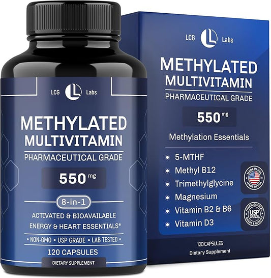 Methylated Multivitamin 550mg - Methylated B Complex, L-MTHF & B12 + TMG - for Men & Women - Methylation Support, Energy & Heart - Pharmaceutical Grade, Laboratory Tested - Made in USA - 120 Capsules-SeraviaPure
