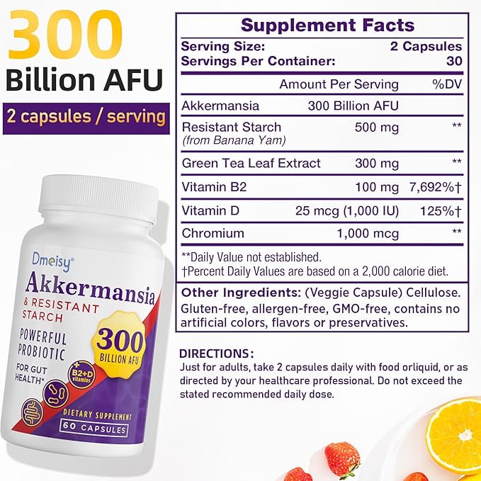 GLP-1 Supplement - 300 Billion AFU Akkermansia Muciniphila, Akkermansia Probiotic for Women & Men, for Boost GLP-1, Digestive, Gut, Immunity, Enhances Gut Lining Function & Intestinal Walls, 60 Count-SeraviaPure