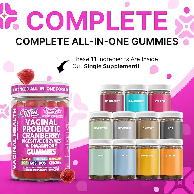 Clean Nutra Vaginal Probiotic Gummies for Women Cranberry Digestive Enzymes D Mannose Womens Probiotic Dmannose Horsetail Bromelain Chicory Fiber Feminine Care Prebiotics Inulin Papaya Enzyme Gummy