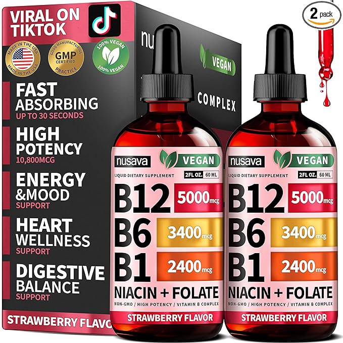 (2 Pack) Vitamin B12 and B6 Liquid Drops, B12 Sublingual Vitamin B Complex - B 12 Vitamin 5000mcg - B12 Methylcobalamin for Energy, Brain, and Heart Support with 27,200 mcg, Strawberry, 80 Servings