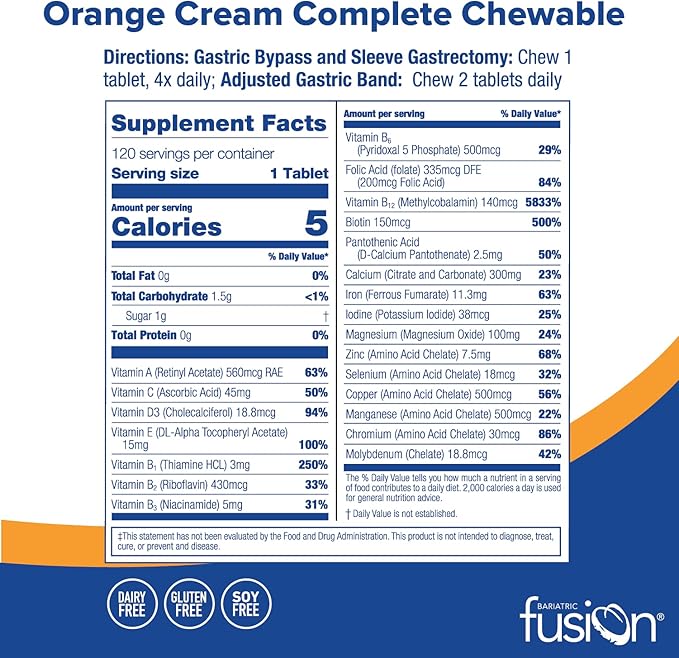 Bariatric Fusion Orange Cream Flavored Complete Chewable Bariatric Multivitamin with Iron for Bariatric Surgery Patients Including Gastric Bypass and Sleeve Gastrectomy - 120 Tablets-SeraviaPure