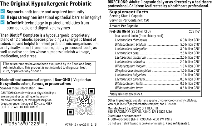 Klaire Labs Ther-Biotic Complete - 25 Billion CFU Probiotic Supplement - Hypoallergenic Probiotics for Men + Women - Digestive, GI Health + Immune Support - Dairy-Free (120 Caps / 2 Pack)-SeraviaPure
