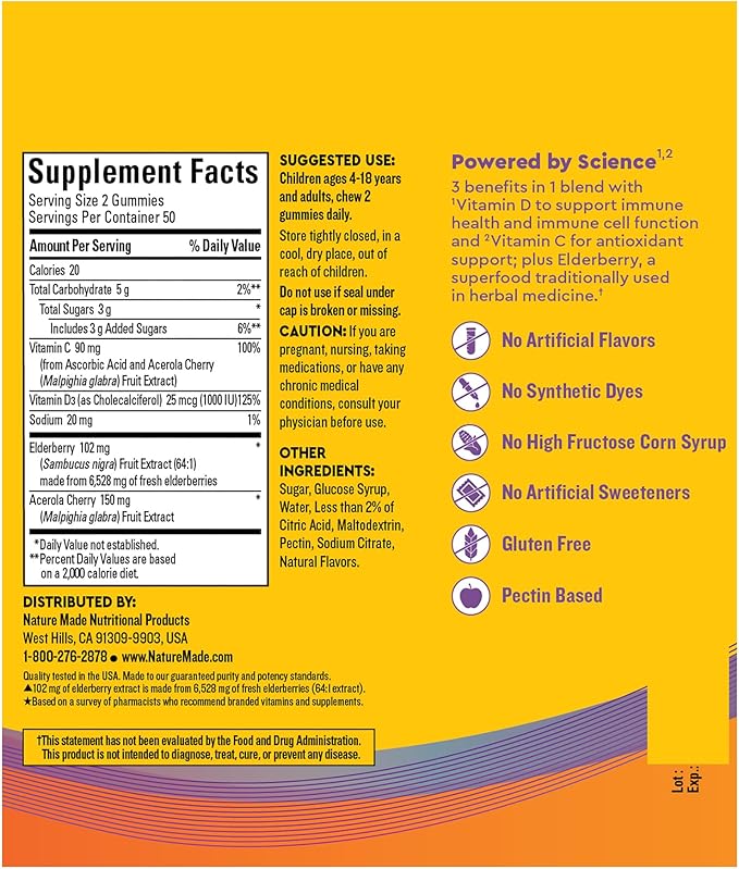 Nature Made Wellblends Immune & Superfood, Elderberry Gummies with Acerola Cherry Extract, Plus Vitamin C + Vitamin D, Immune Support Supplement, 100 Gummy Vitamins-SeraviaPure