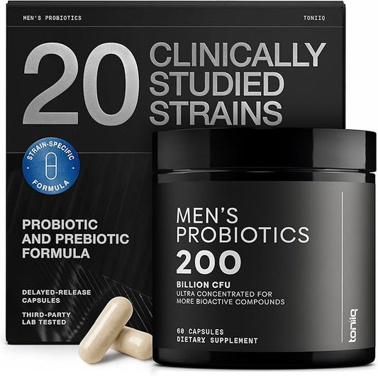 Toniiq Mens Probiotic with 20 Verified Strains – 200 Bilion CFU + 200mg FOS Prebiotic – Mens Probiotics for Gut Health - Cold-Chain & Delayed-Release – Lab-Tested Synbiotic Formula-SeraviaPure