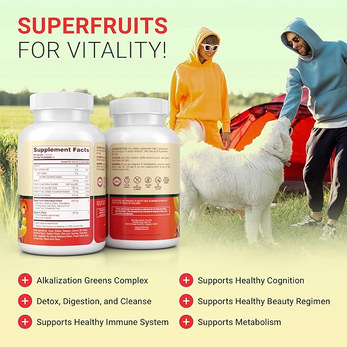 (120 Chews) Fruits and Veggies Supplement - Super Greens Gummies (9 Superfruits & 30 Veggies) Mushrooms, Fruit and Vegetable Vitamins, Non-GMO, Pectin-Based, Gluten-Free, No Capsules-SeraviaPure