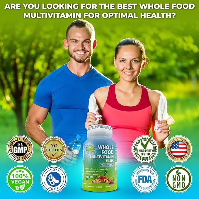 Vegan Whole Food Multivitamin Without Iron, Daily Multivitamin for Women and Men, Made with Fruits & Vegetables, B-Complex, Probiotics, Enzymes, CoQ10, Omegas, Turmeric, Non-GMO, 90 Count-SeraviaPure