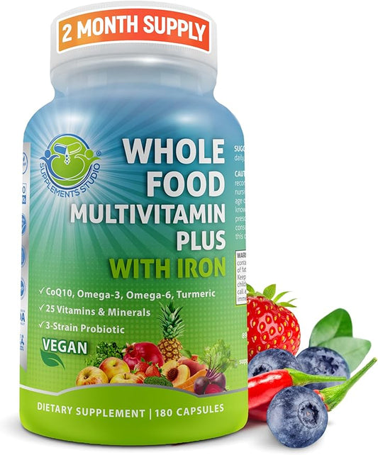 Vegan Whole Food Multivitamin with Iron, Daily Multivitamin for Women and Men, Made with Fruits & Vegetables, B-Complex, Probiotics, Enzymes, CoQ10, Omegas, Turmeric, Non-GMO, 180 Count-SeraviaPure