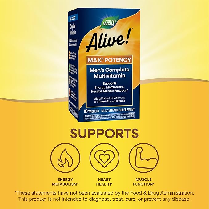 Nature’s Way Alive! Men’s Max3 Potency Multivitamin, Supports Energy Metabolism*, Heart & Muscle Function*, with Methylated B12 and Folate, Gluten-Free, 90 Tablets (Packaging May Vary)-SeraviaPure