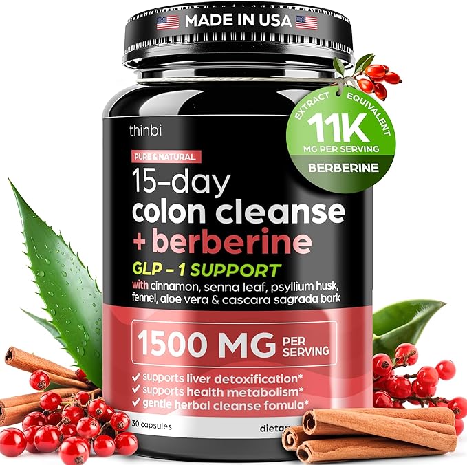 GLP-1 Colon Cleanse Berberine Supplement 1500mg - 15-Day Advanced Detox for Men & Women - Extra Strength w/Senna Leaf, Fast-Acting Natural for Constipation, Gut Health & Bloating Relief - THINBI-SeraviaPure
