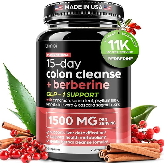 GLP-1 Colon Cleanse Berberine Supplement 1500mg - 15-Day Advanced Detox for Men & Women - Extra Strength w/Senna Leaf, Fast-Acting Natural for Constipation, Gut Health & Bloating Relief - THINBI-SeraviaPure