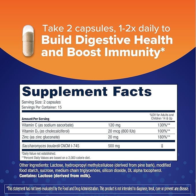 Florastor Select Immunity Boost Daily Probiotic & Immune Support Supplement for Women and Men, Saccharomyces Boulardii CNCM I-745 Plus Zinc, Vitamin C & D3 (30 Capsules)-SeraviaPure