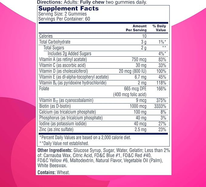 ONE A DAY Multi+ Hair, Skin & Nails, Multivitamin + Boost of Support for Healthy Hair, Skin & Nails with Biotin and Vitamins A, C, E & Zinc ,Gummy 120 Count (2 Month Supply)-SeraviaPure