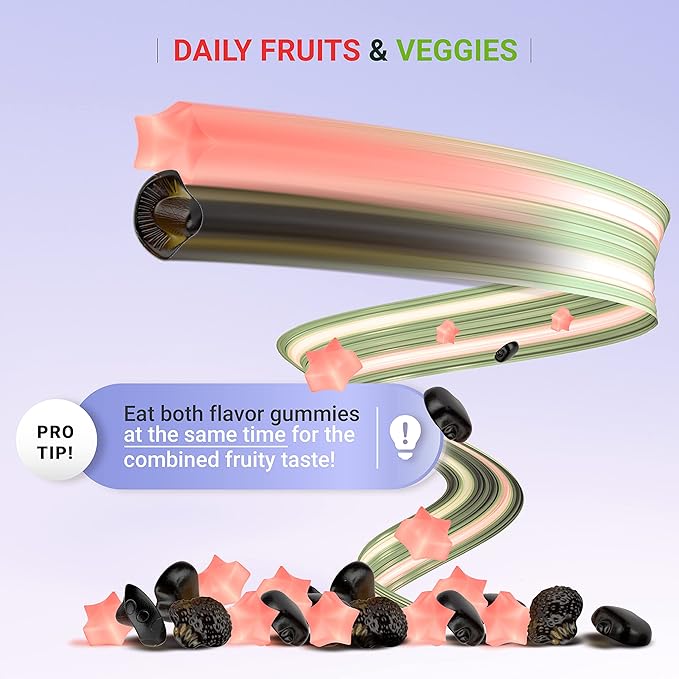 (120 Chews) Fruits and Veggies Supplement - Super Greens Gummies (9 Superfruits & 30 Veggies) Mushrooms, Fruit and Vegetable Vitamins, Non-GMO, Pectin-Based, Gluten-Free, No Capsules-SeraviaPure