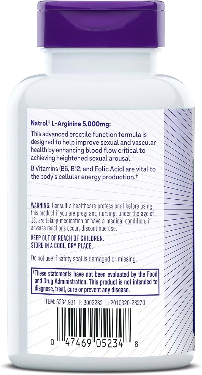 Natrol L-Arginine 5,000 mg, Dietary Supplement for Men's Health, L-Arginine Supplement, 90 Tablets, 18 Day Supply-SeraviaPure