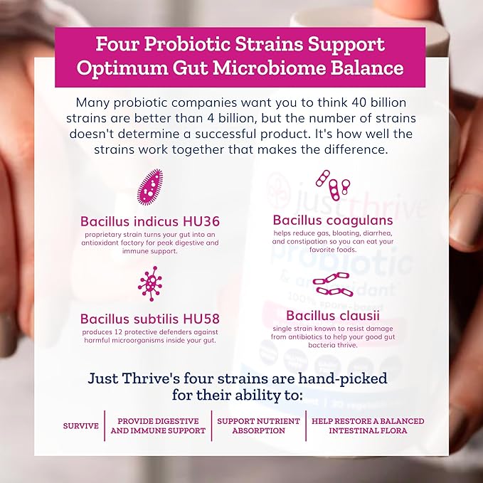 Just Thrive Probiotic & Antioxidant Supplement - 100% Spore-Based Digestive and Immune Support - Gluten Free, 30 Caps-SeraviaPure