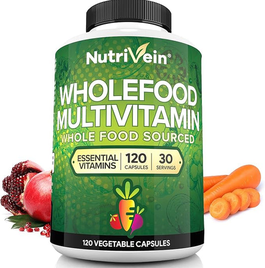 Nutrivein Whole Food Multivitamin - Complete Daily Vitamins for Men and Women from Natural Whole Foods, Real Raw Veggies, Fruits, Vitamin E, A, B Complex - 30 Day Supply (120 Capsules, Four Daily)-SeraviaPure