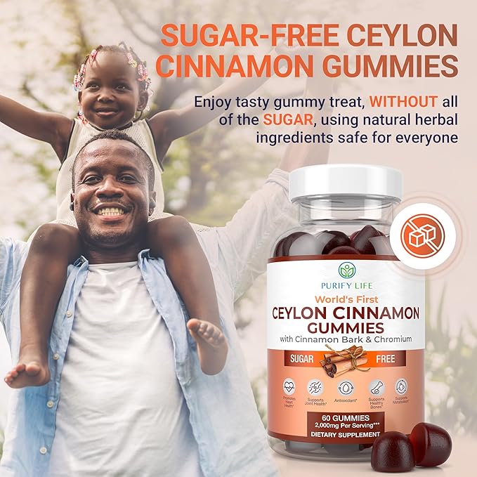 Purify Life Sugar-Free Ceylon Cinnamon Gummies (2,000mg/Serving) Ceylon Cinnamon Supplement for Brain Health, Vegan, Gluten-Free, Replace Ceylon Cinnamon Capsules, Pills, Powder, Extract (60 Chews)-SeraviaPure