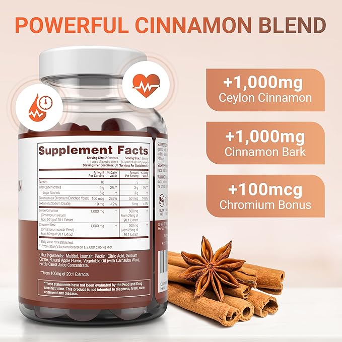 Purify Life Sugar-Free Ceylon Cinnamon Gummies (2,000mg/Serving) Ceylon Cinnamon Supplement for Brain Health, Vegan, Gluten-Free, Replace Ceylon Cinnamon Capsules, Pills, Powder, Extract (60 Chews)-SeraviaPure