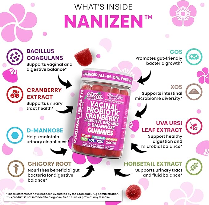 Clean Nutra Vaginal Probiotic Gummies for Women Cranberry Digestive Enzymes D Mannose Womens Probiotic Dmannose Horsetail Bromelain Chicory Fiber Feminine Care Prebiotics Inulin Papaya Enzyme Gummy