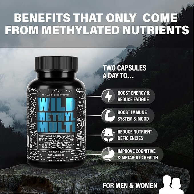 Wild Methylated Multivitamin for Women & Men | Daily Multi Vitamin | MTHFR Supplement Without Iron | Methylated B12, Folate, Vitamin C, A, K2, D, E, Choline, Biotin, ALA, CoQ10 & More (60 Capsules)-SeraviaPure