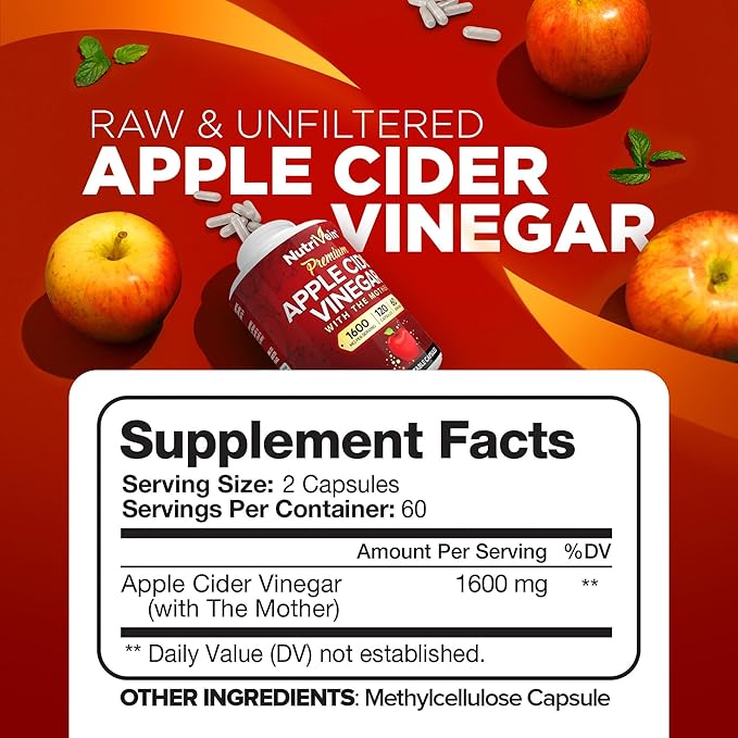 Nutrivein Apple Cider Vinegar Capsules with Mother - 1600mg - 120 Vegan Pills - Supports Healthy Diet, Digestion, Keto, Cleanser - Best Supplement for Immune System - ACV Raw-SeraviaPure