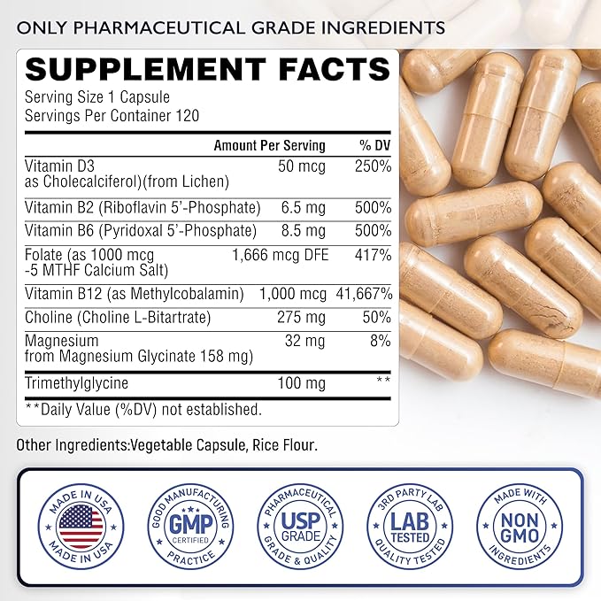 Methylated Multivitamin 550mg - Methylated B Complex, L-MTHF & B12 + TMG - for Men & Women - Methylation Support, Energy & Heart - Pharmaceutical Grade, Laboratory Tested - Made in USA - 120 Capsules-SeraviaPure