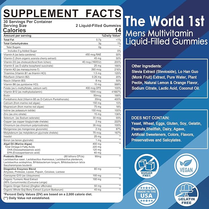 Mens Multivitamins Gummies, Multiminerals, Vegan Omega 3, CoQ10, Probiotics, Daily Mens Vitamins A C D3 E B6 B12, Methylated Multivitamin for Men - Energy, Immunity, Sugar Free, Vegan (No Iron) 60 Cts-SeraviaPure