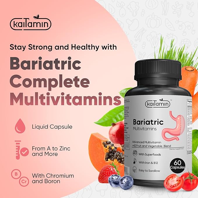 Bariatric Multivitamin with Iron - Easy-to-Swallow Capsule for Post Bariatric Surgery - Post Sleeve and Post Bypass with 42 Fruit & Veggies Blend - 60 Liquid Capsules - 1 Months’ Supply-SeraviaPure